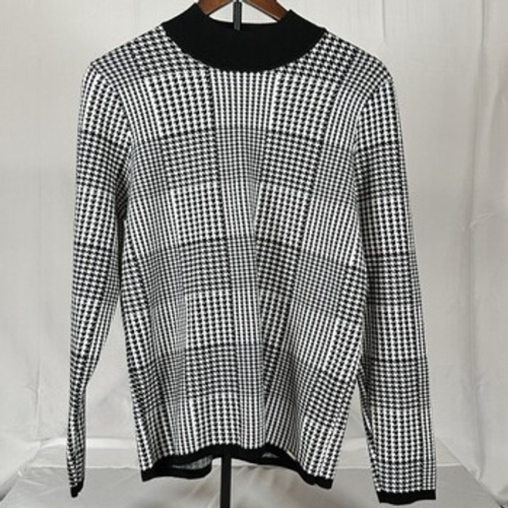 Tahari Houndstooth Plaid Mock Neck Knit Sweater Black White Office Chic Large - Picture 2 of 4